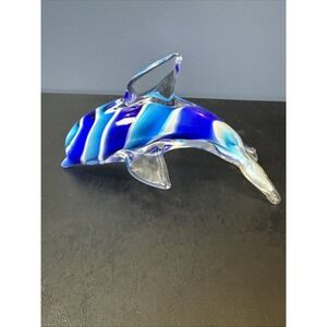 Glass Ocean Blue 6.5" Dolphin Hand Blown Art Paperweight Figurine